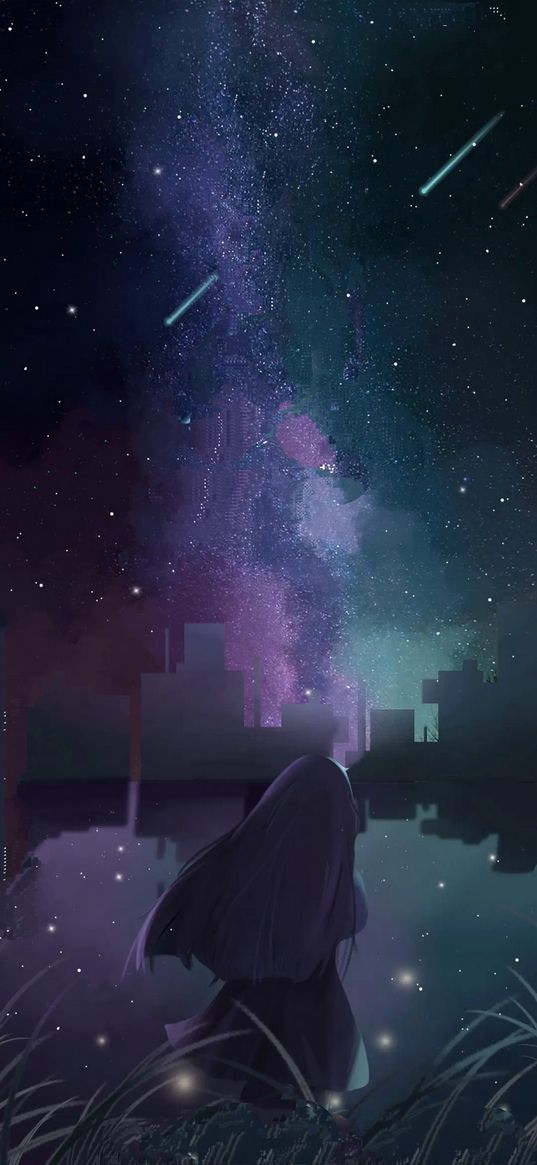 girl, city, fireflies, space, sky, stars, art