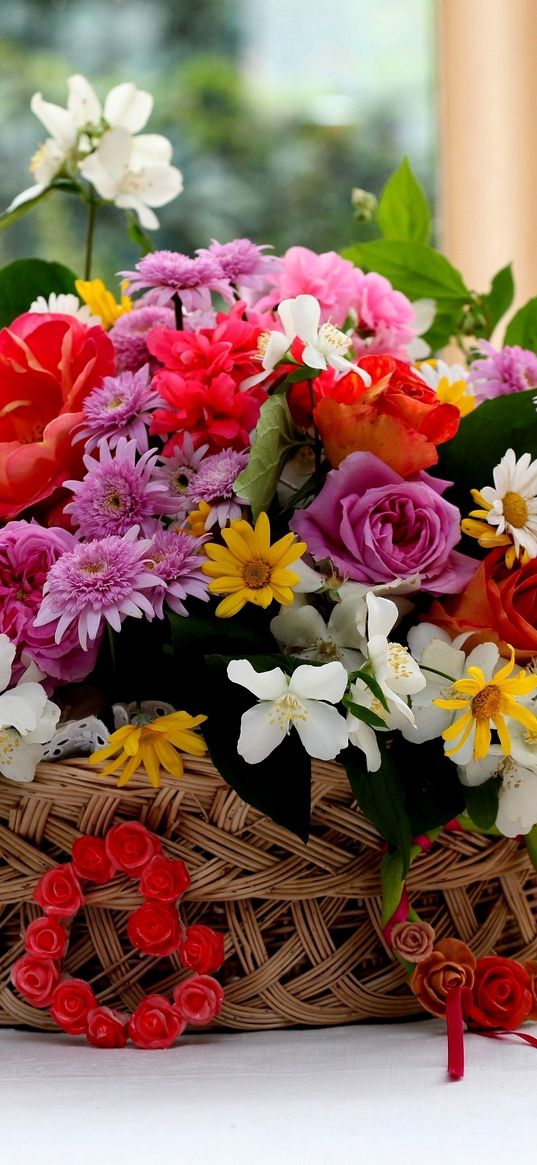 roses, chrysanthemums, flowers, table, basket, gorgeous, divine