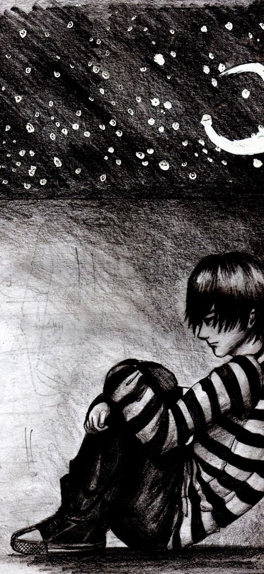 boy, sadness, night, crescent moon, stars, drawing, black and white