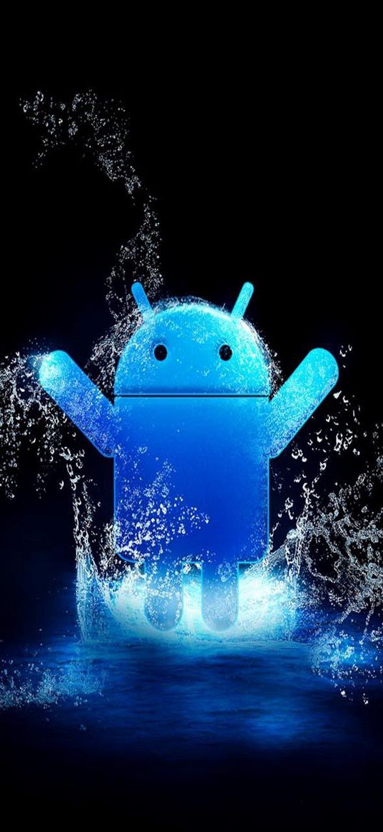 android, robot, blue, water, drops, splashes, black background