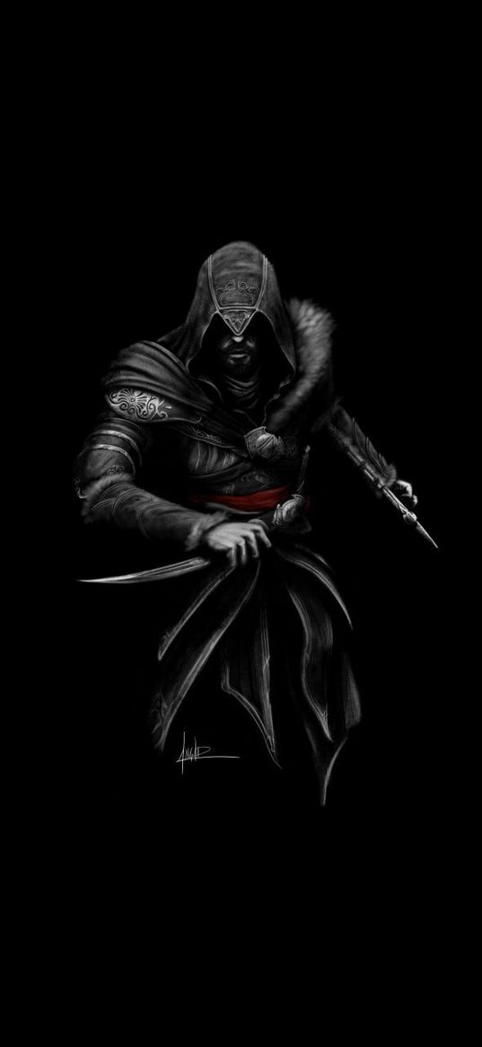 assassin, assassin’s creed, video game, man, hood, dagger, black, art