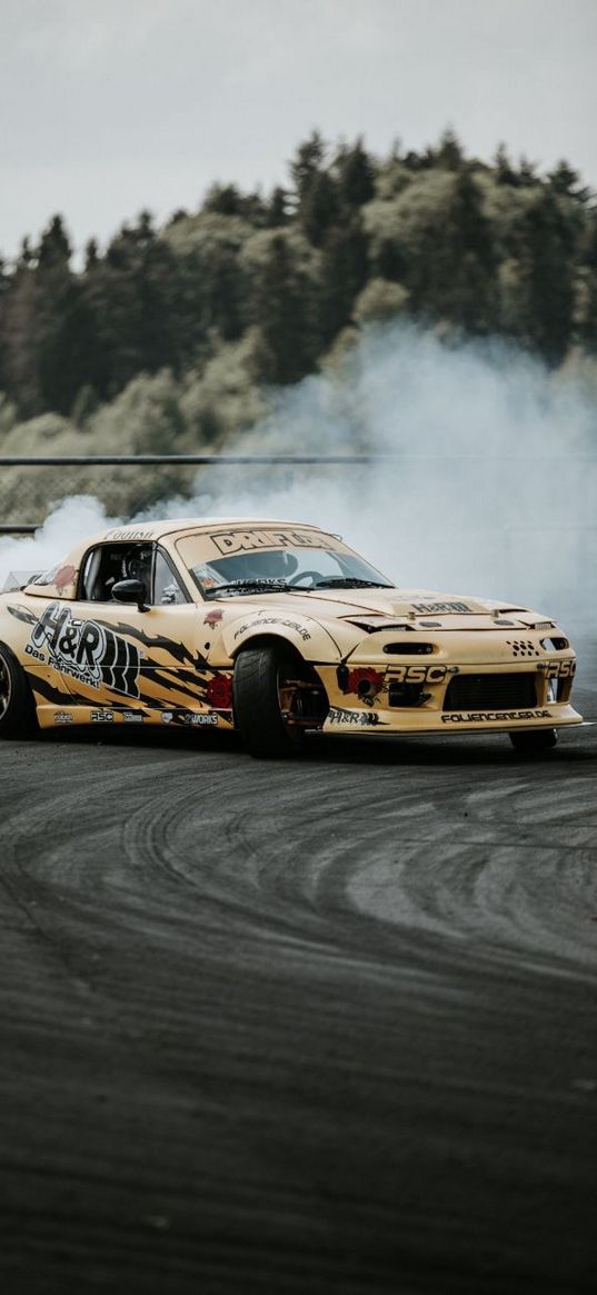 nissan, rds, car, drift, smoke, yellow