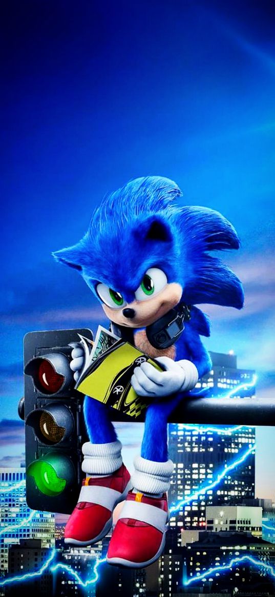 sonic, city, traffic light, ray, phone, blue