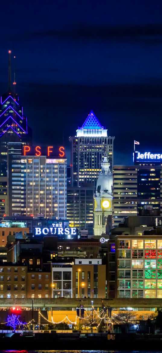 tower, buildings, lights, inscriptions, night, city