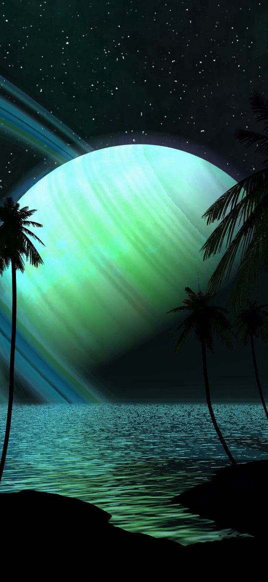 saturn, palm trees, water, darkness, fantasy