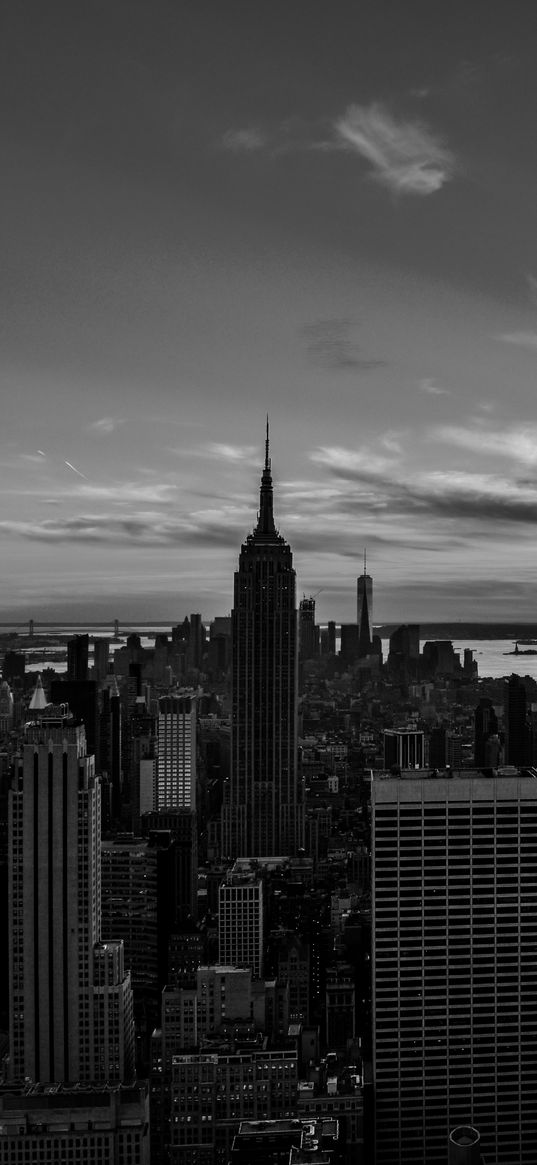 new york, skyscrapers, buildings, streets, river, city, clouds, black and white