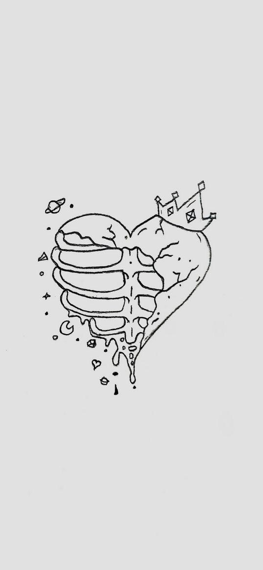 heart, ribs, cracked, crown, stars, black and white, art