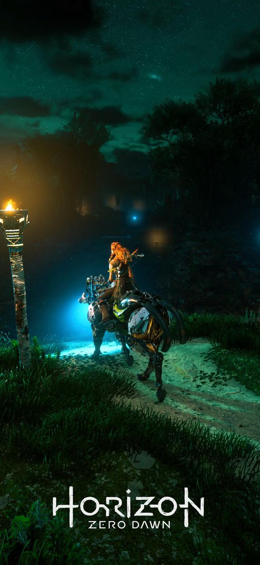 aloy, horizon zero dawn, game, girl, horse, field, ruins, lanterns, night, art