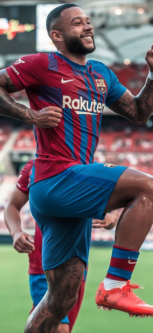 memphis depay, soccer player, soccer, barcelona, jumping, happy, smile, stadium