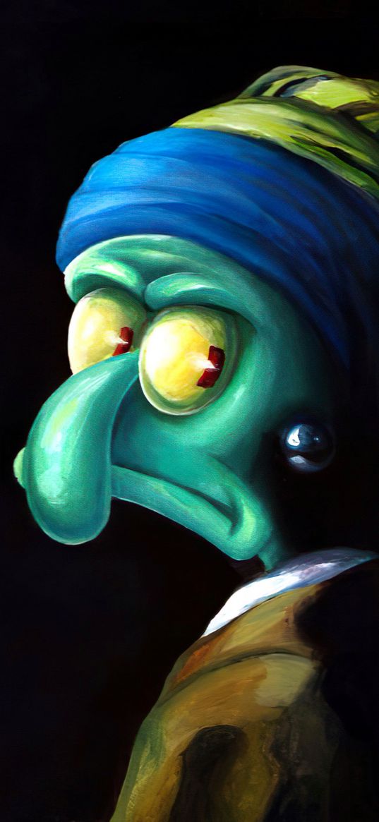 squidward, spongebob, cartoon, girl with pearl earring, painting, black background