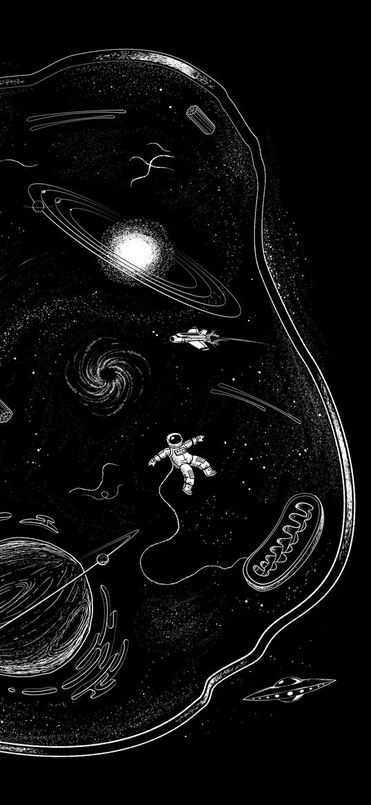 cosmonaut, saturn, stars, sputnik, cell, cosmos, black and white, art