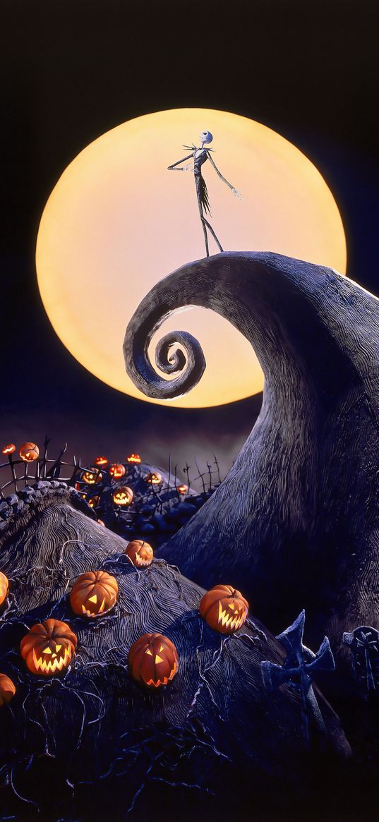 jack skellington, the nightmare before christmas, cartoon, skeleton, moon, pumpkins, cemetery, art