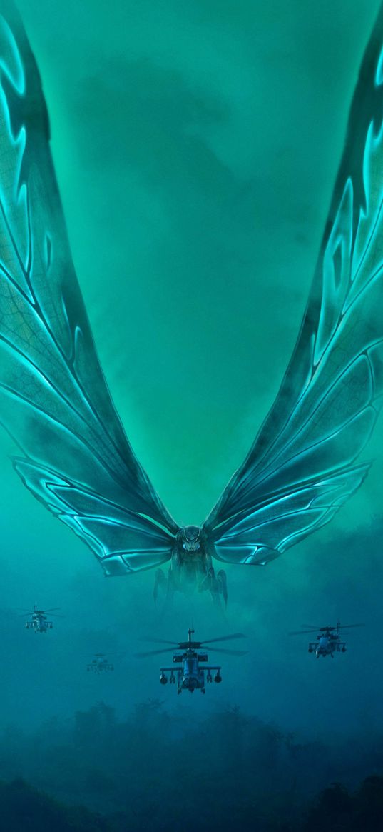 mothra, godzilla, king of monsters, movie, butterfly, monster, green, helicopters, poster