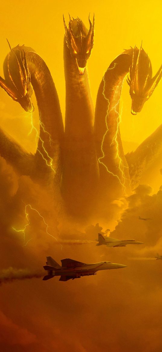 king ghidorah, ghidorah, godzilla, king of monsters, movie, snake, monster, lightning, yellow, fighters, poster