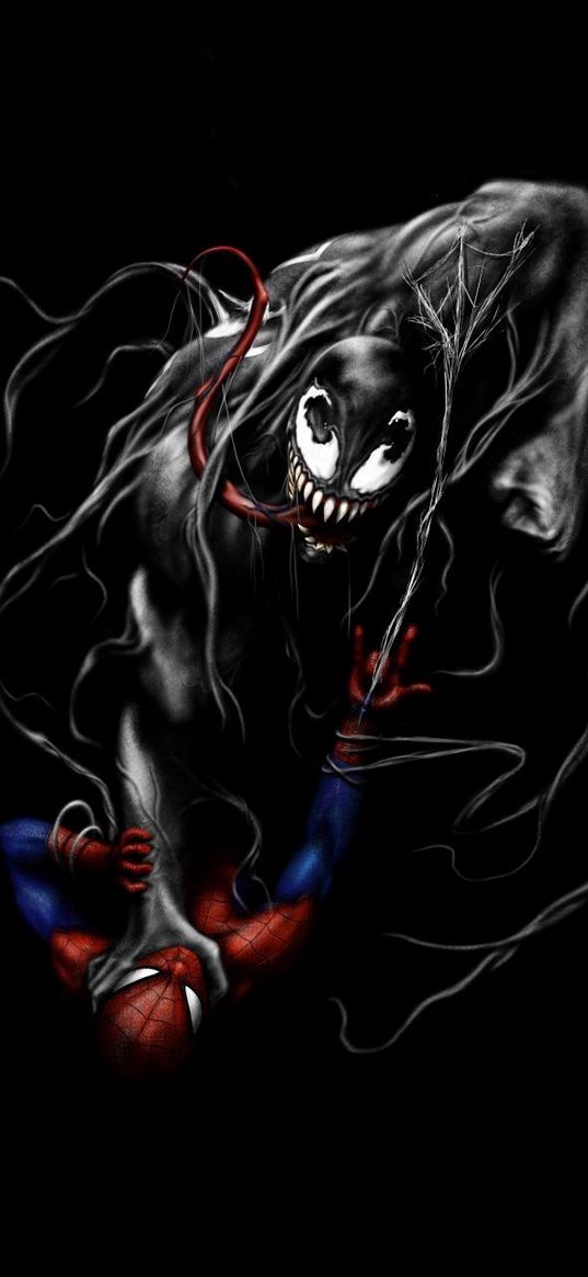 venom, spiderman, spider-man, marvel, superhero, fight, black background, art