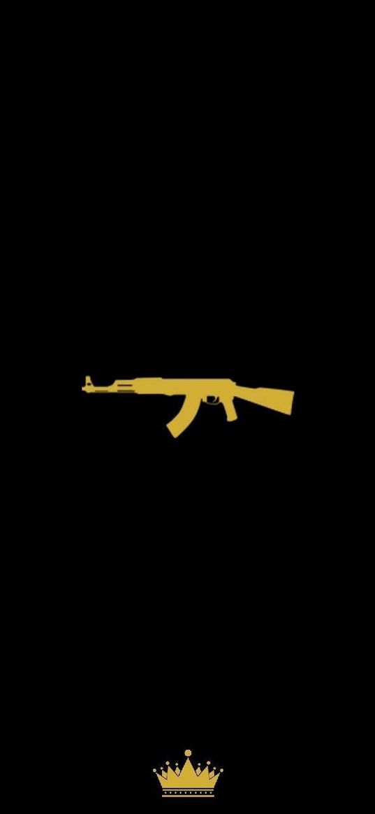 machine gun, weapon, crown, yellow, black background