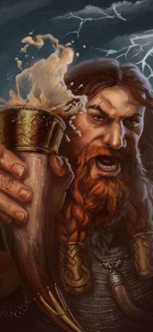 viking, horn, drink, thunderstorm, lightning, art