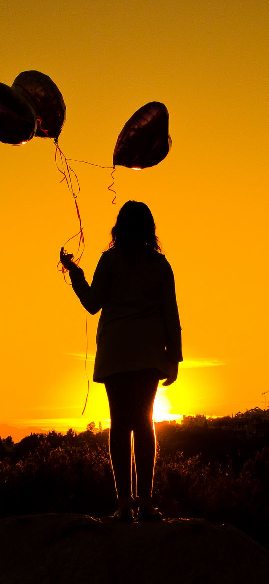 girl, balloons, silhouettes, sunset