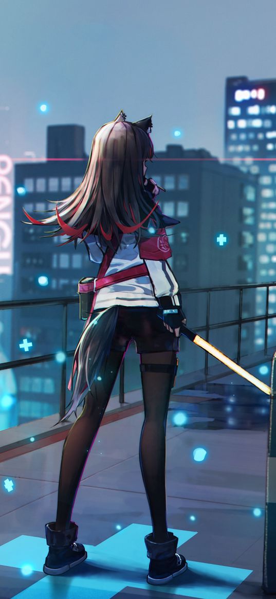 anime, art, girl, character, back, balcony, city