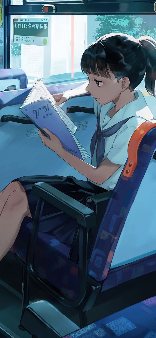 anime, art, girl, hero, armchair, notebook