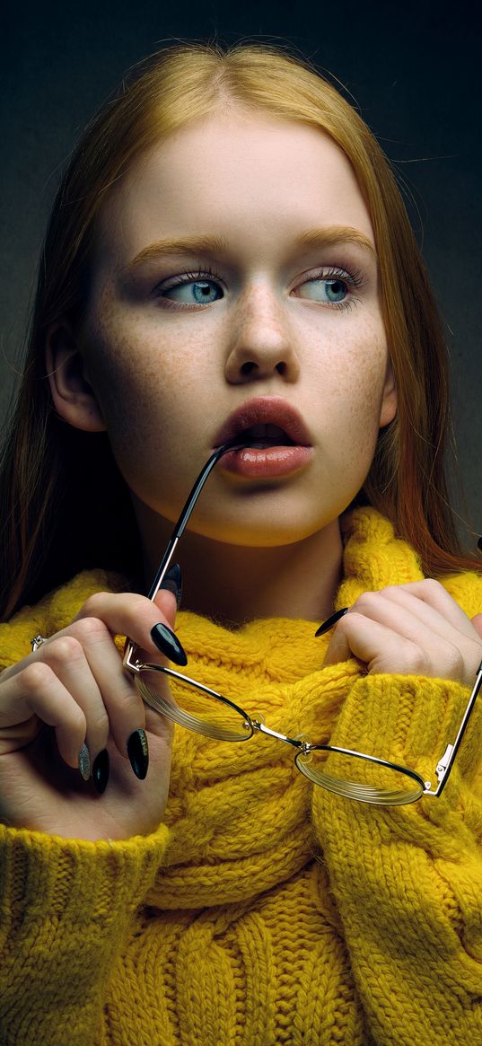 girl, model, freckles, glasses, beauty