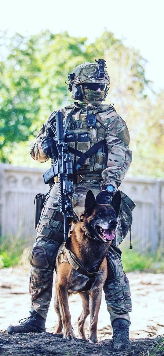 military, man, uniform, weapon, dog