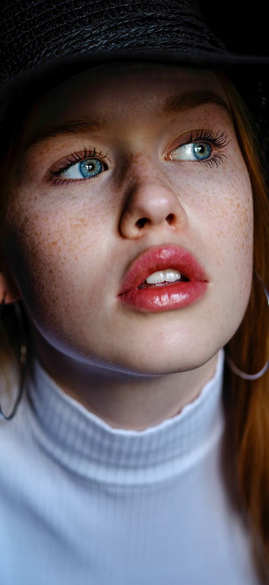 girl, redhead, freckles, blue eyes, beautiful, model, hat, earrings