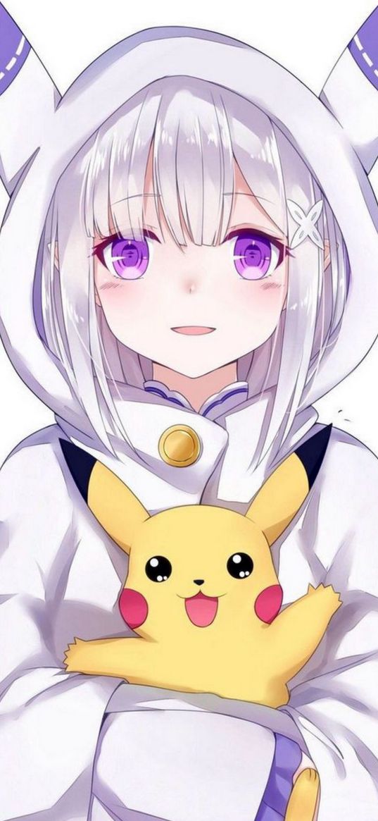 re zero, emilia, pikachu, anime, girl, art, white background