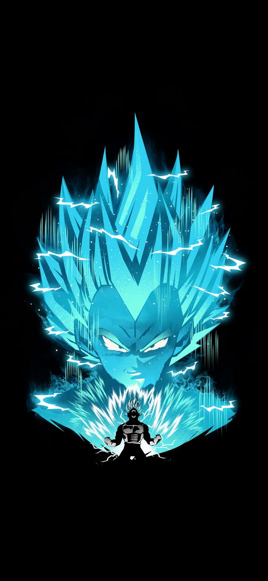 dragon ball, son goku, lightning, blue, black background, anime, art