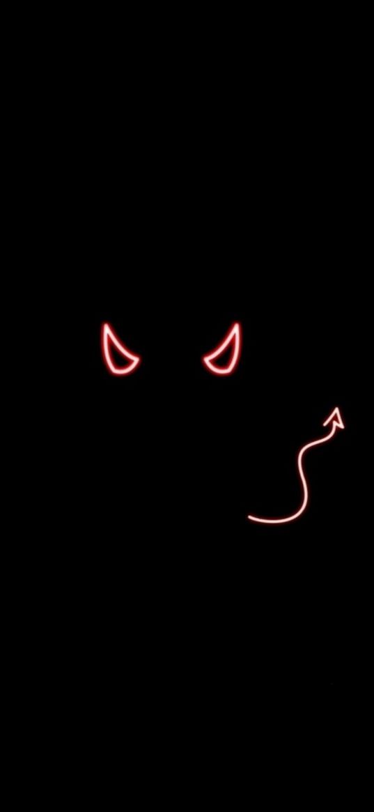 horns, tail, devil, neon, red, minimalism, black background