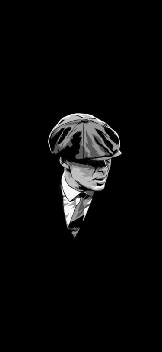 thomas shelby, peaky blinders, tv series, man, cap, black and white, minimalism