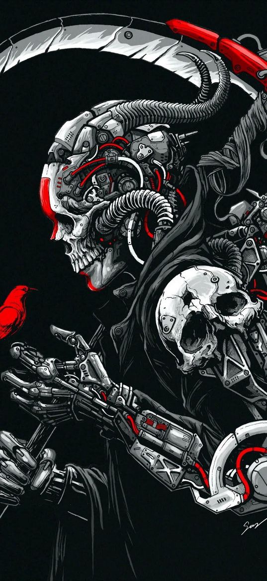 skeleton, skull, robot, cyborg, mechanisms, bird, red, white, black, art