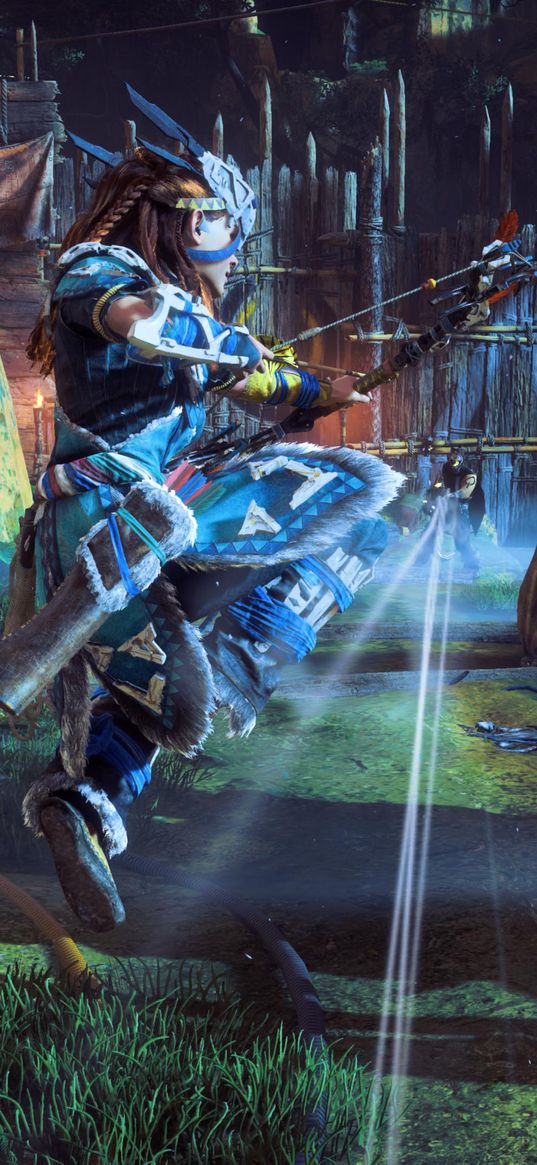 aloy, horizon zero dawn, game, bow, fight