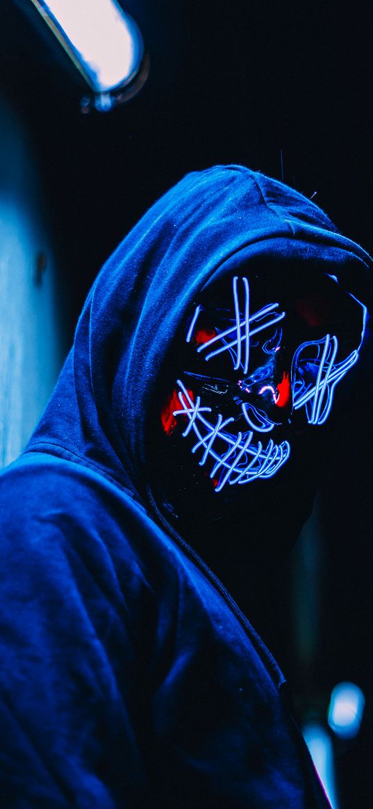 mask, man, neon, dark, blue