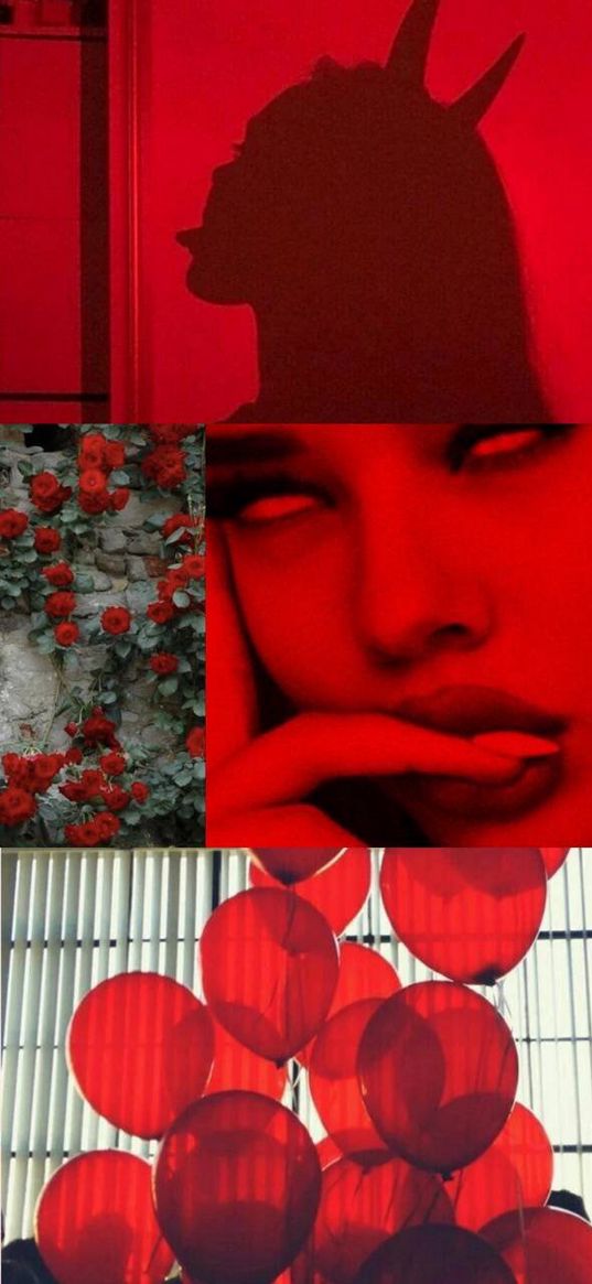 collage, red background, girl, snake, balls, hearts, flowers, words