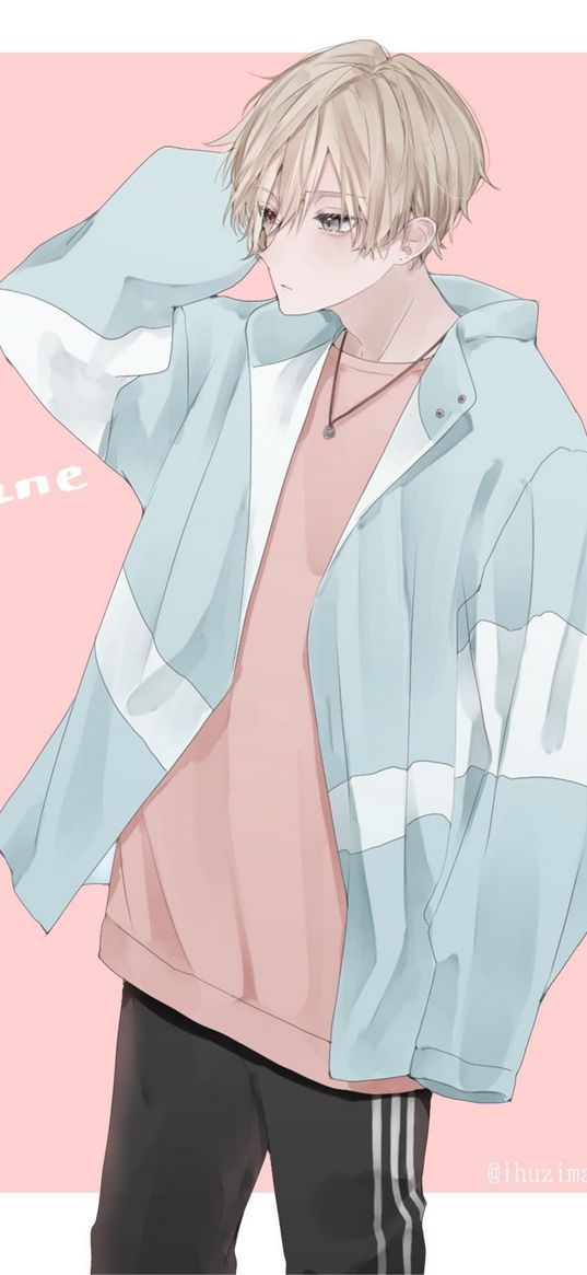 anime, art, guy, pink background