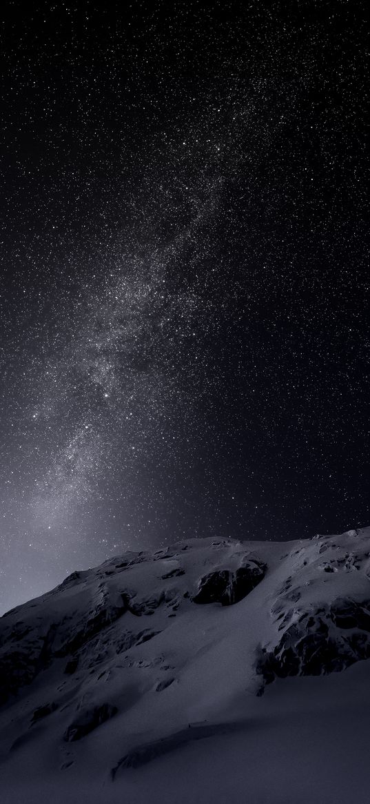 mountain, snow, nebula, stars, night