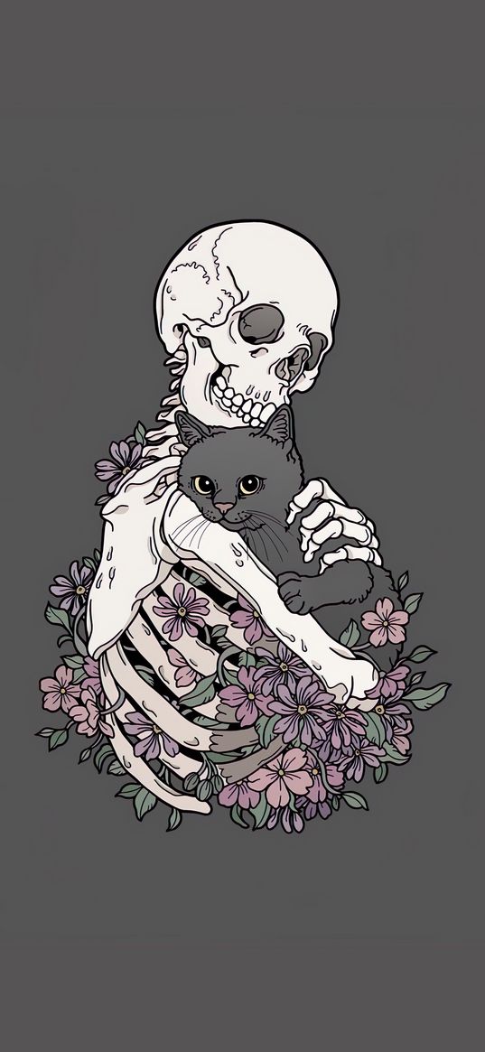 cat, skeleton, flowers, gray background, art, illustration