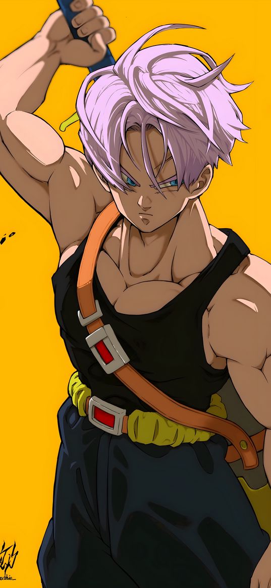 trunks, dragon ball, dragon ball z, anime, yellow background