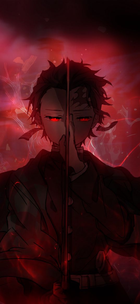 tanjiro kamado, demon slayer, anime, red, sword