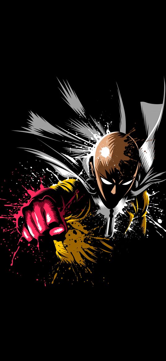 saitama, one punch man, guy, anime, blow, spray, black background, art