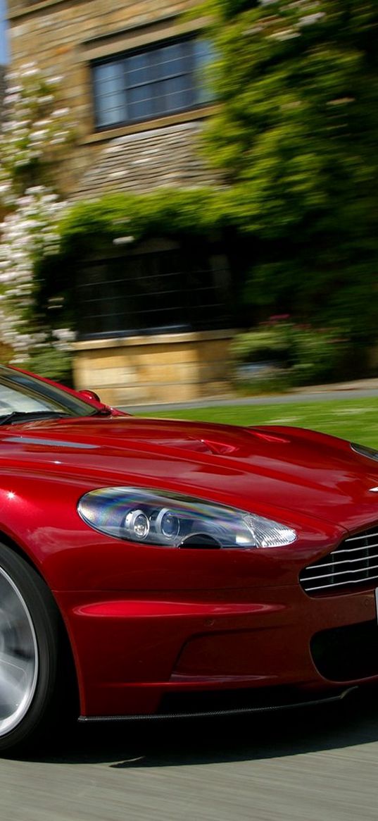 aston martin, dbs, 2009, red, side view, cars, houses, grass