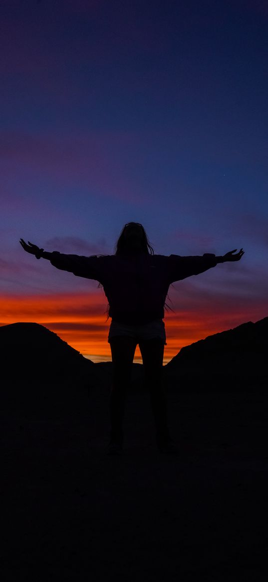 man, pose, silhouette, twilight, dark, freedom