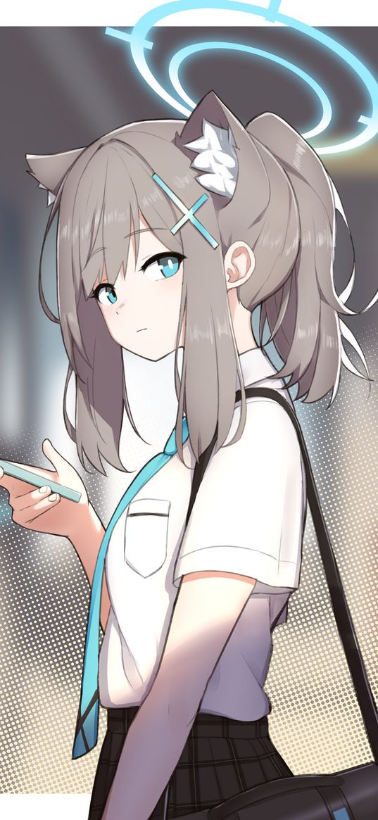 widely sunaokami, blue archive, anime, game, girl, halo, smartphone, ears, sad, art