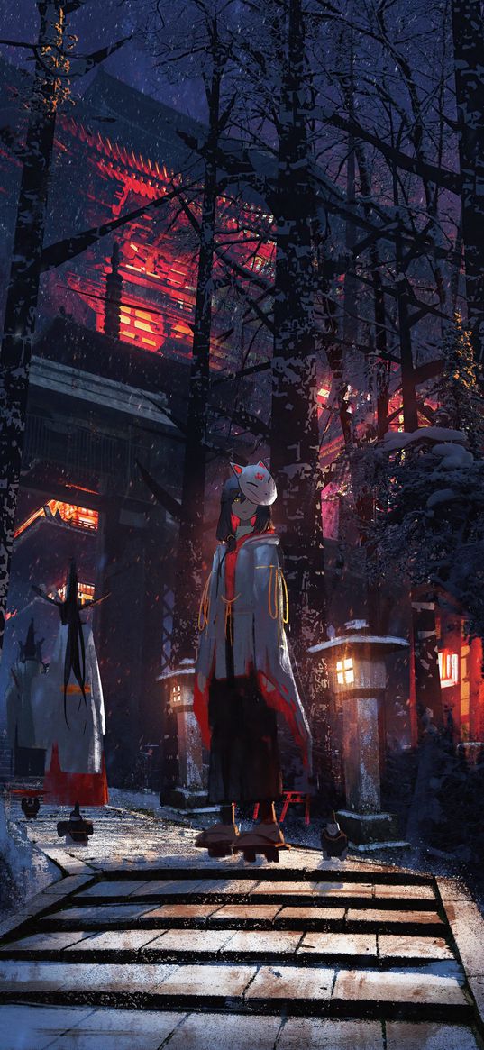 girl, mask, kitsune, house, lanterns, forest, snow, japan, anime, art