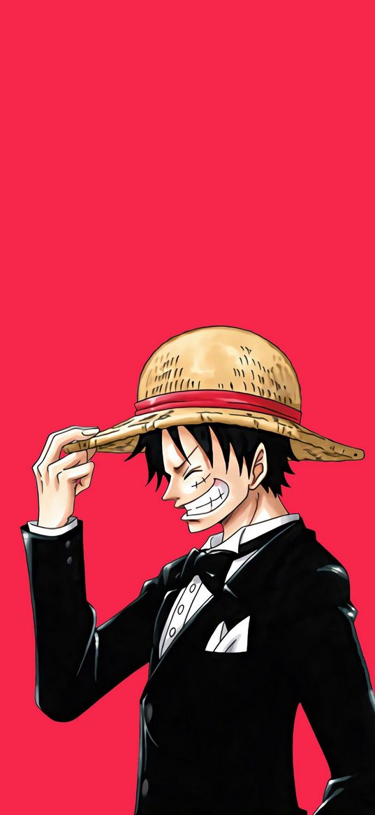 luffy, one piece, anime, guy, hat, tuxedo, pink background, art