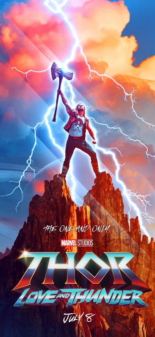 thor, love and thunder, superhero, movie, marvel, man, axe, lightning, rock, clouds, poster