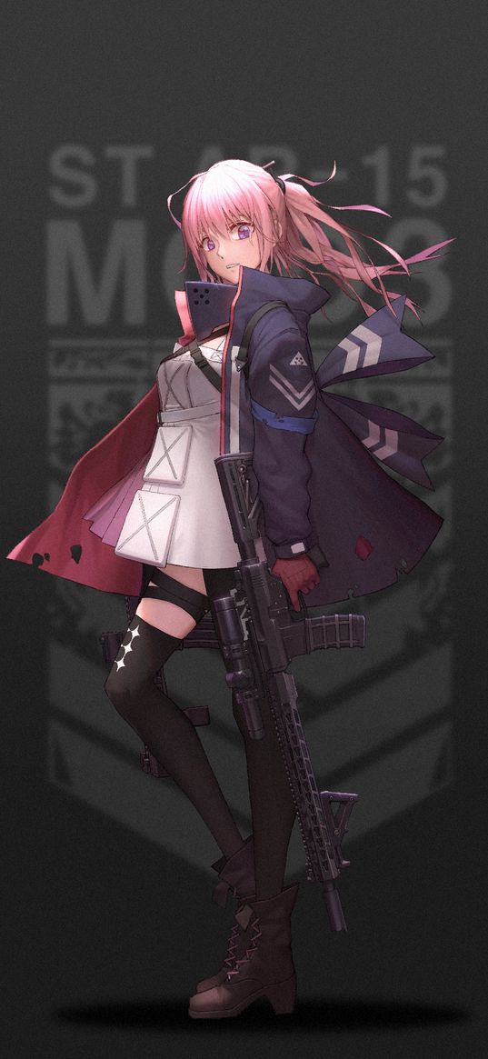 st ar-15, girls frontline, game, anime, girl, pink hair, rifle, weapon, jacket, stockings, art