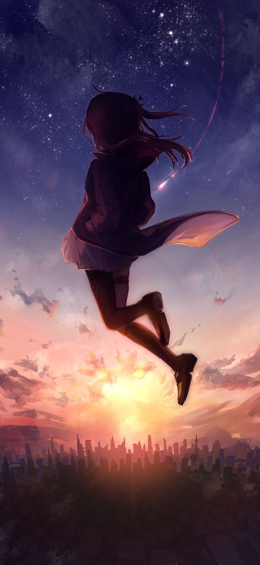 st ar-15, girls frontline, game, anime, girl, pink hair, flying, city, sunset, stars, art