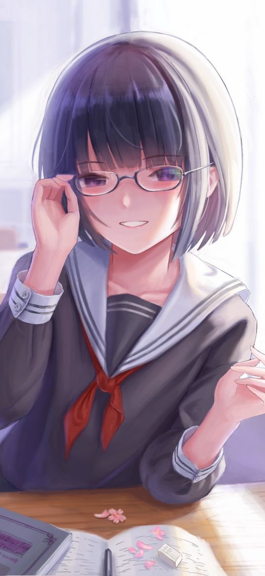 girl, smile, glasses, student, anime